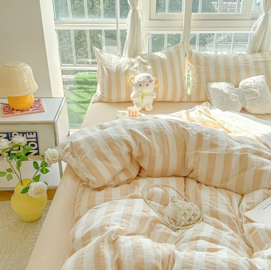 Custom luxury bedding Lightweight Luxury Striped Bedding Set - Beige