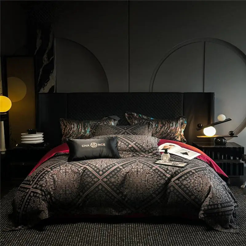 Dark-themed bedroom with patterned bedding and decorative pillows.
