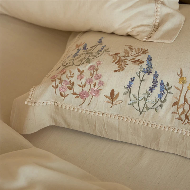 Double bed size 600TC Linen Cotton Blend floral  Soft Embroidery Bedding Set