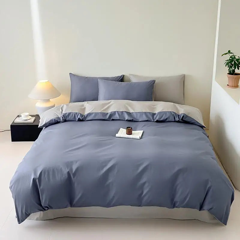 Double size 400TC Reversible 100% Cotton  Soft Duvet & Sheet Set Dark Blue & Gray Bedding Set includes duvet cover, flat and fitted sheet and pillowcases