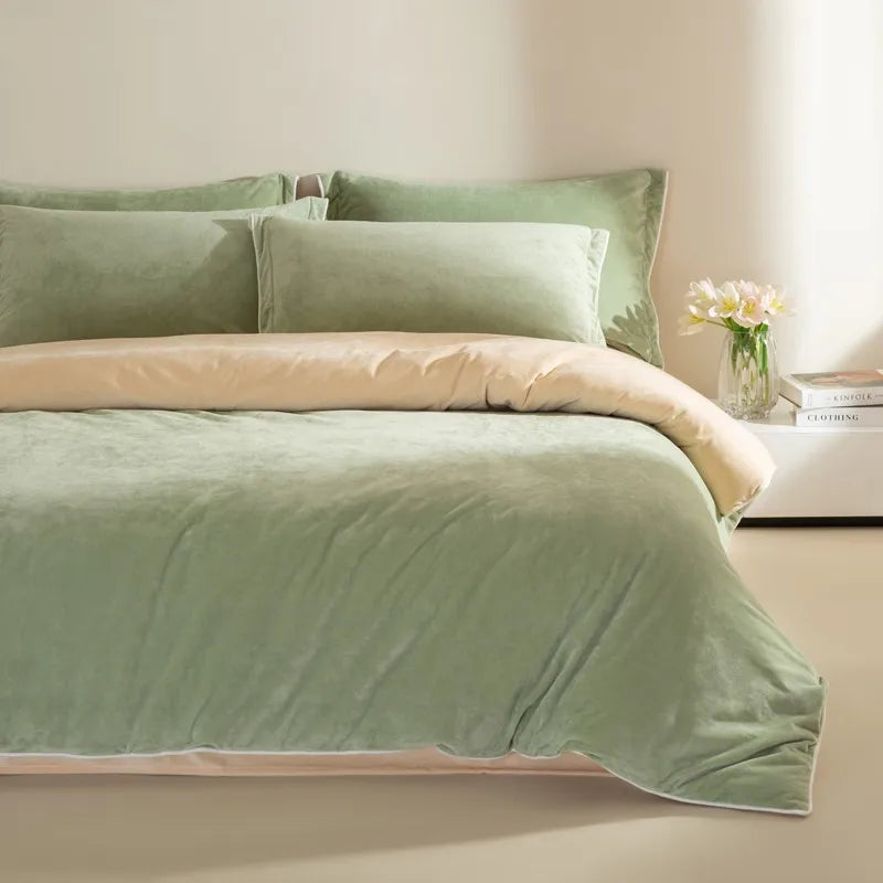 Double size 500TC Reversible Fluffy Microfiber Duvet Cover Set with Sheets and pillowcases - Olive and beige velvet texture bedding set