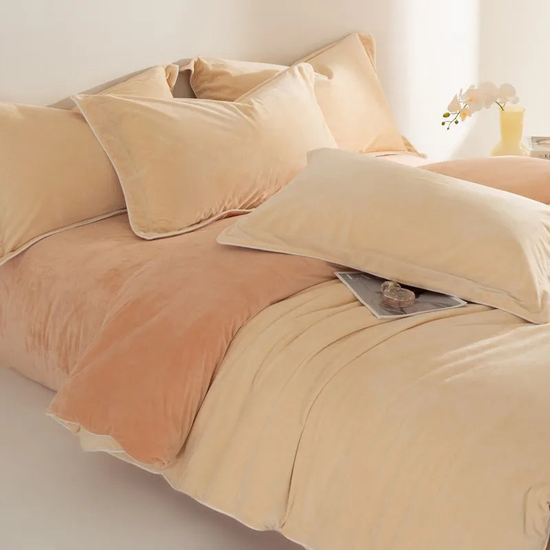 Double size 500TC Reversible Fluffy Microfiber velvet texture Duvet Cover Set with Sheets - Light Beige