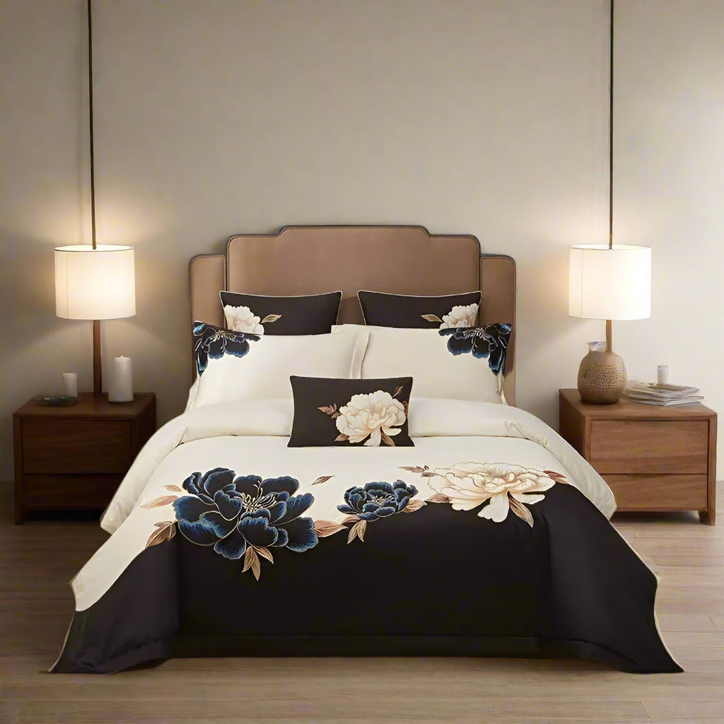 Egyptian Cotton Embroidered Patchwork Bedding Set - Black
