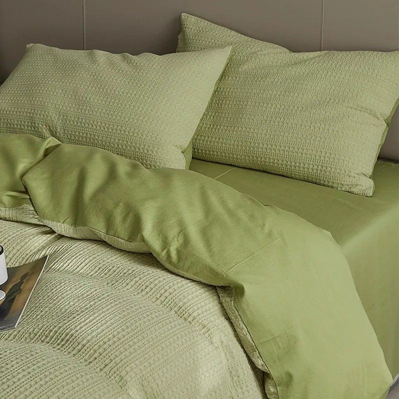 Family size 600TC Washed Cotton Waffle Weave Duvet Cover Bedding Set - Mint