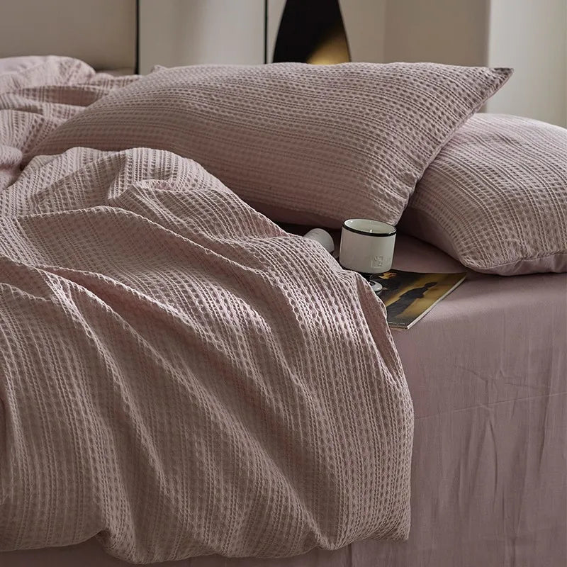 Family size 7 piece Pink 600TC Washed Cotton Waffle Weave Duvet Cover Bedding Set