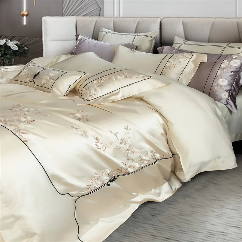 Floral embroidery bedding set with duvet cover in a bedroom setting