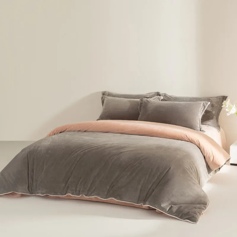 Gray and pink 500TC Reversible Fluffy Microfiber velvet textured Duvet Cover Set with Sheets