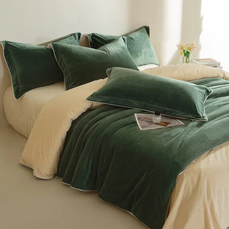 Green velvet bedding set on a bed with beige sheets