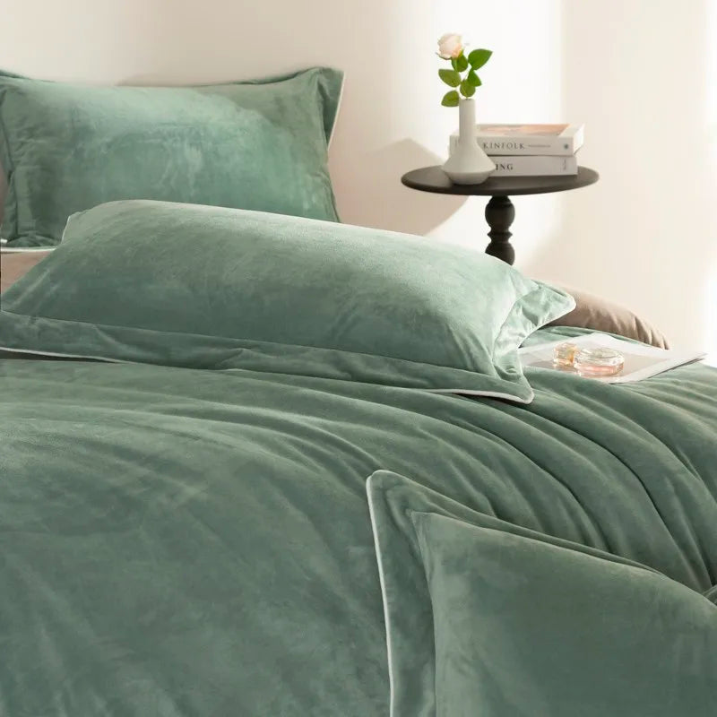 Greenish Gray 500TC Reversible Fluffy Microfiber Duvet Cover Set with Sheets and velvet textured Pillowcases