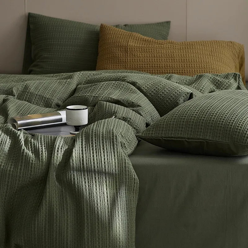 Grey 600TC Washed Cotton Waffle Weave Bedding Set includes flat or fitted sheet, duvet cover and pillowcases