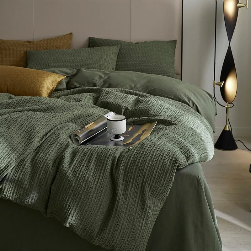 Grey 600TC Washed Cotton Waffle Weave Duvet Cover Bedding Set