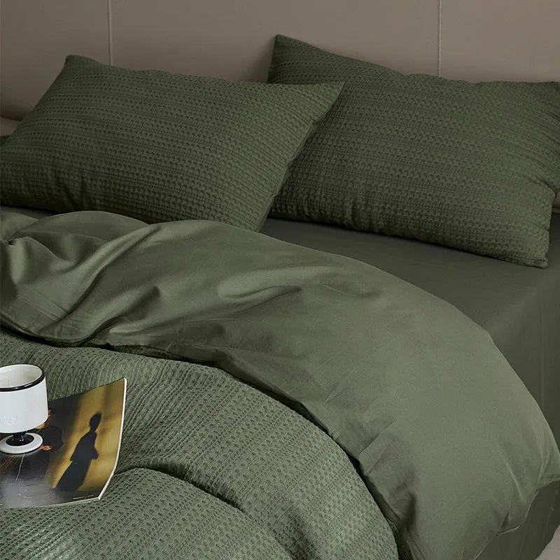 Grey 600TC Washed Cotton Waffle Weave Duvet Cover Bedding Set includes flat or fitted sheet, duvet cover and pillowcases