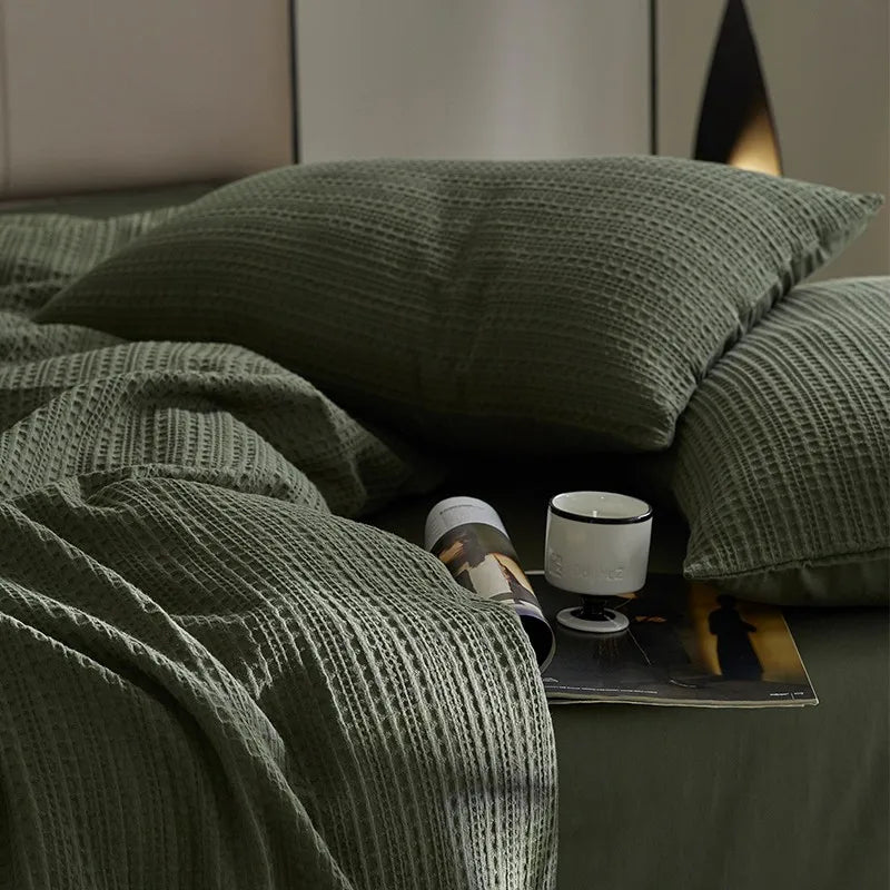 Grey 600TC Washed Cotton Waffle Weave Duvet Cover Bedding Set includes sheet, duvet cover and pillowcases