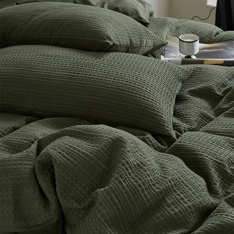 Grey King size 600TC Washed Cotton Waffle Weave Duvet Cover Bedding Set