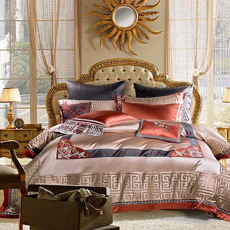 Jacquard Style Cotton Satin Bedding Set with Embroidery - Rust