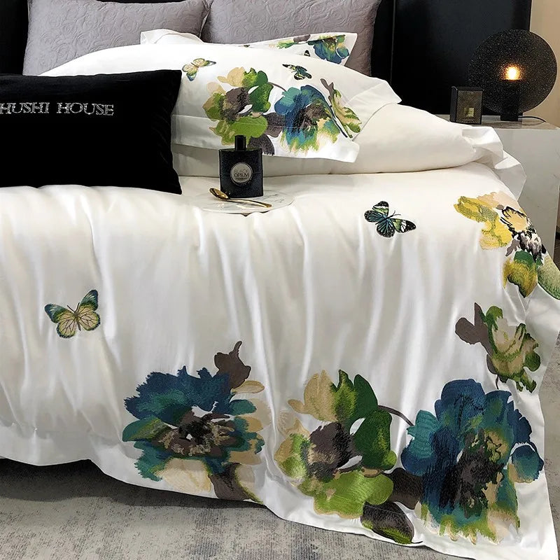 King and Queen size 800TC Egyptian Cotton Floral White Bedding set includes Duvet Cover, flat or fitted Sheet and pillowcases