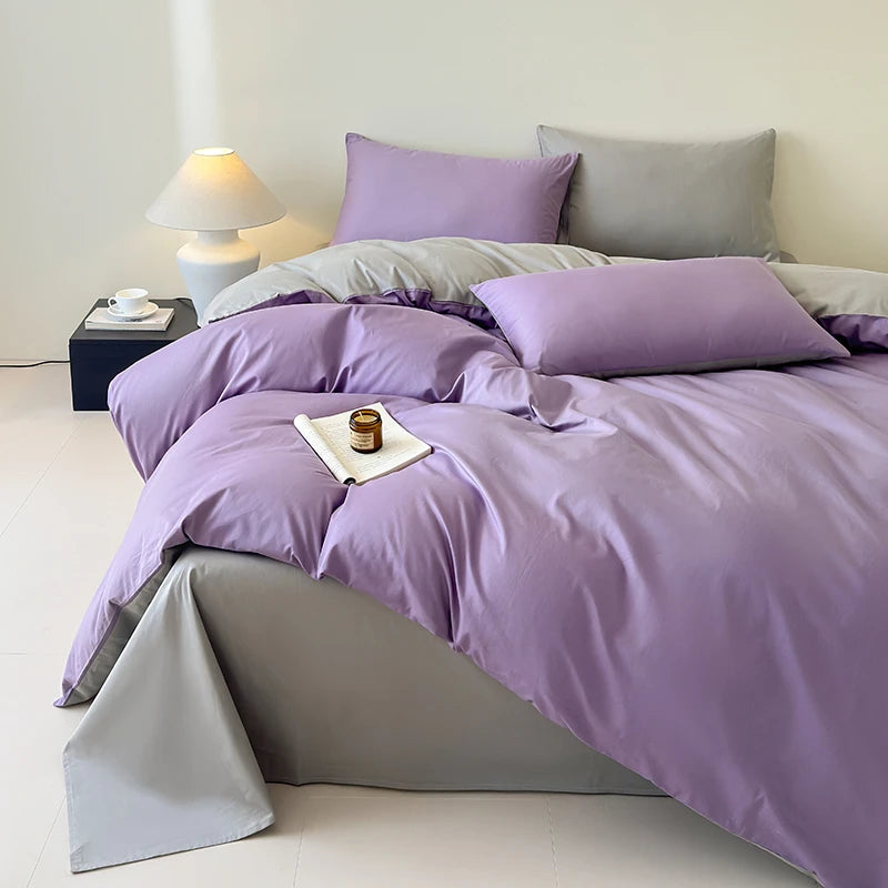 King size 100% Cotton Reversible 400TC Bedding Set – Soft Duvet cover, flat and fitted Sheet and pillowcases 