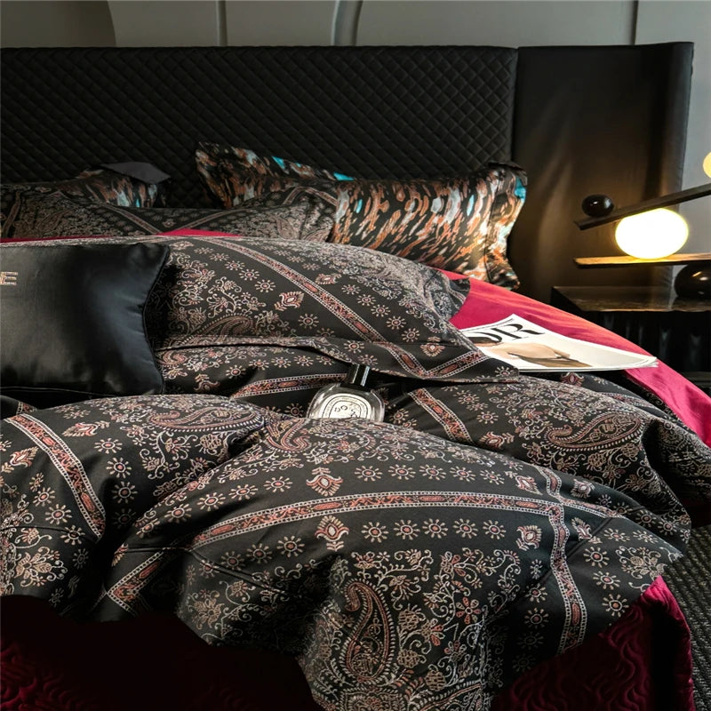 King size 600TC Black Paisley Jacquard Bedding Set includes duvet cover, sheets and pillowcases