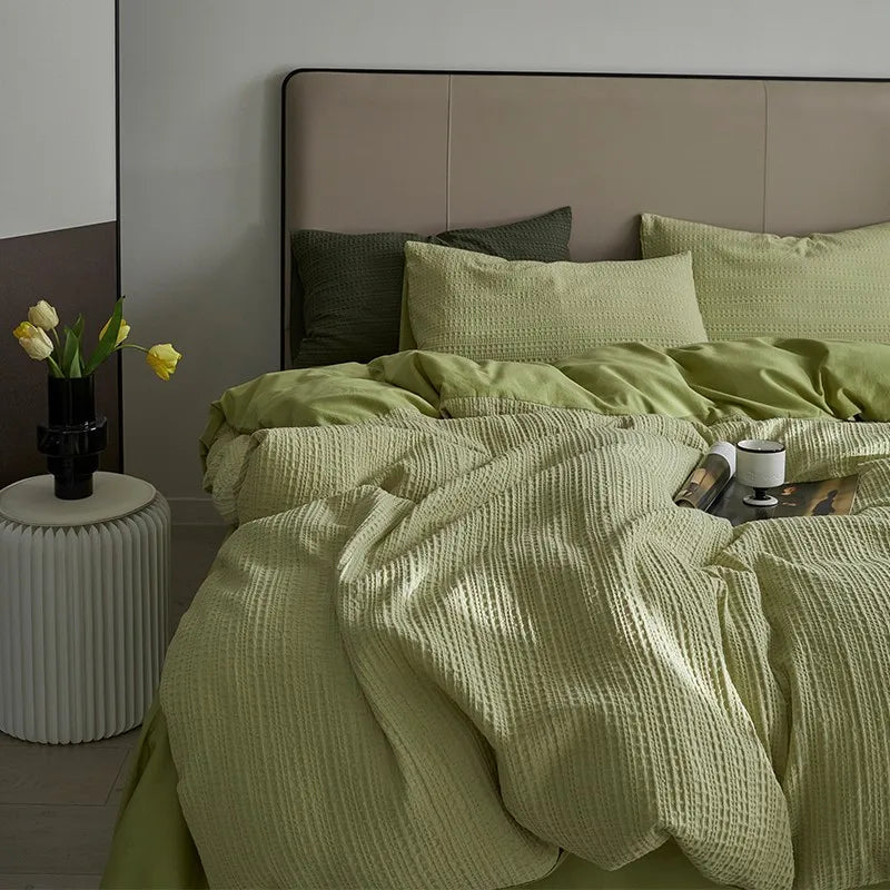 King size 600TC Washed Cotton Waffle Weave Duvet Cover Bedding Set - Mint