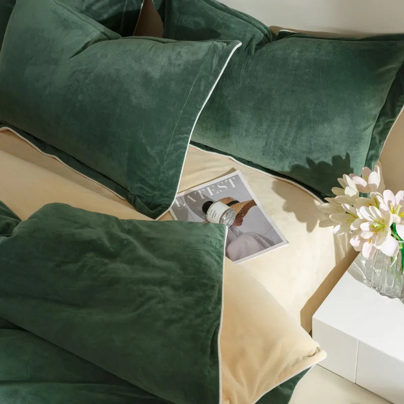 King size Dark Green 500TC Reversible Fluffy Microfiber Duvet Cover Set with Sheets and Pillowcases