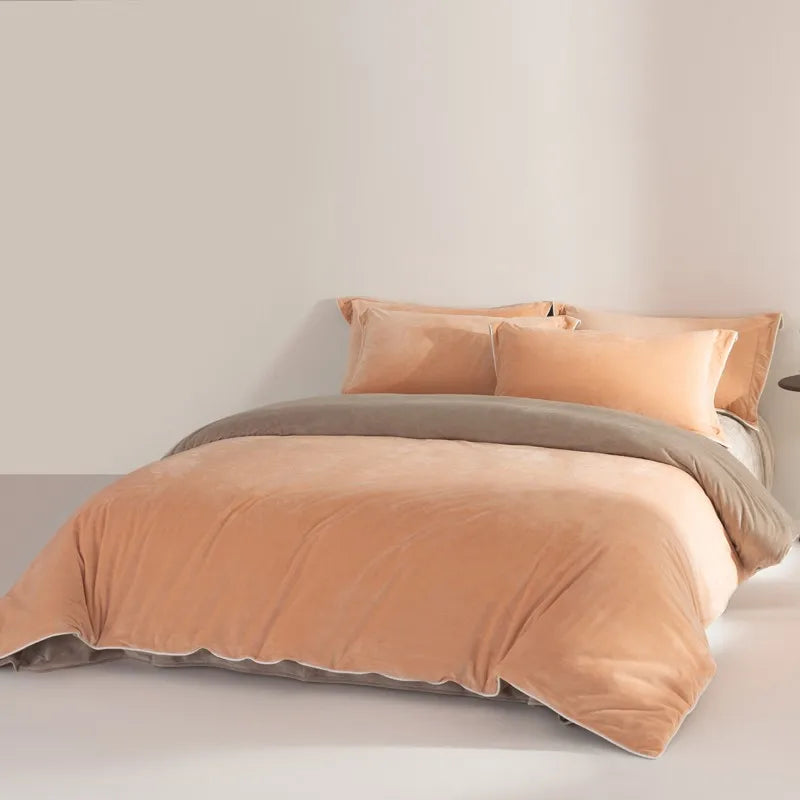 King size Peach and brown 500TC Reversible Fluffy Microfiber Duvet Cover Set
