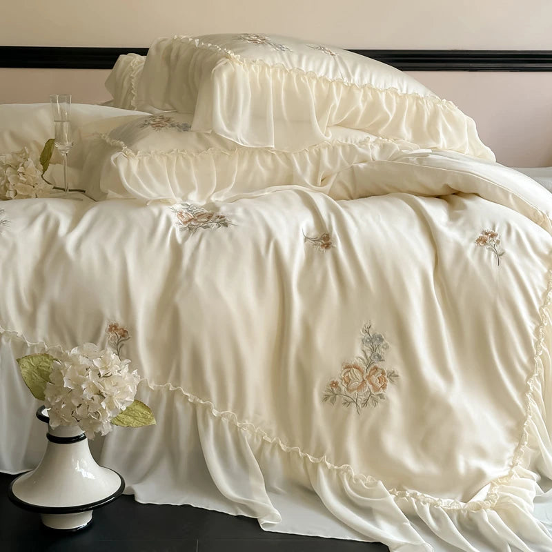 King size White 600TC Chiffon Ruffle Princess Bedding Set – Lyocell Cotton Embroidery 4PCS