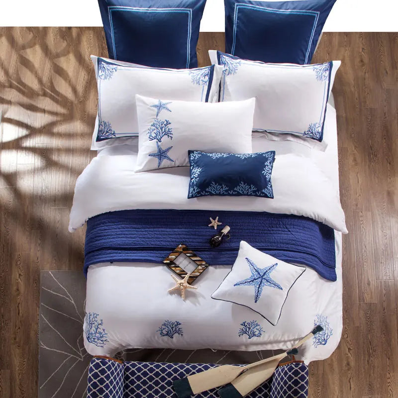 King size luxury bed sheets 600TC Blue Embroidery Egyptian Cotton Bedding Set