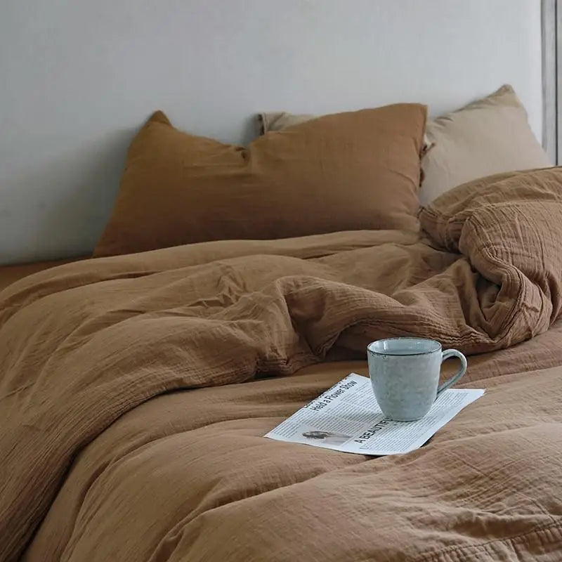 Light Brown 600TC Cotton Twill Wrinkled Yarn Bedding set with flat or fitted sheets