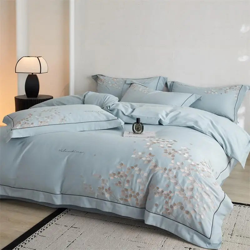 Light blue floral patterned bedding set by The Happy Ladies