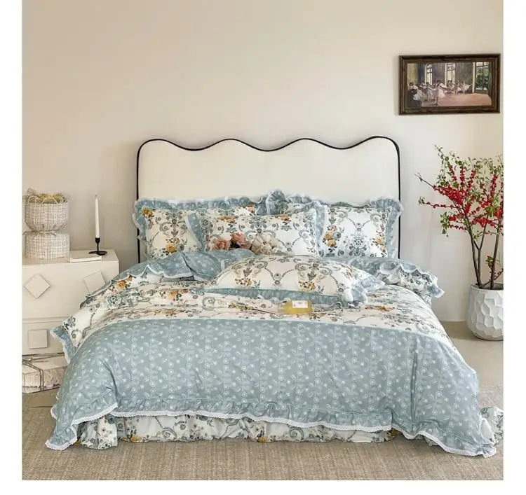 Luxury Cotton Floral Ruffle Duvet Cover Set - Blue