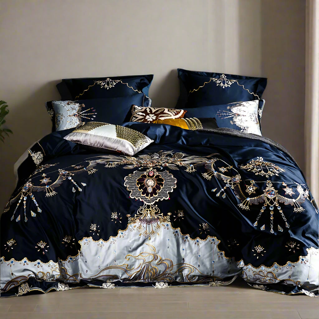 Luxury Egyptian Cotton Embroidered Bedding Set - Blue