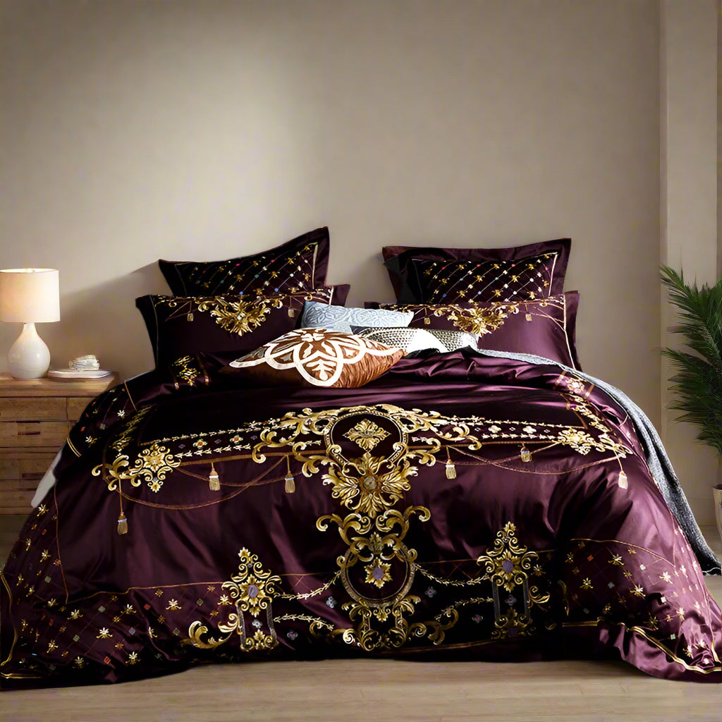 Luxury Egyptian Cotton Embroidered Bedding Set - Purple