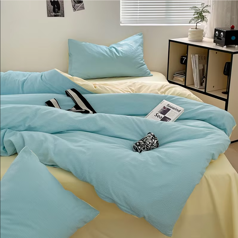 Luxury bed linen Seersucker 3-Piece Duvet Cover Set – Microfiber - Sky