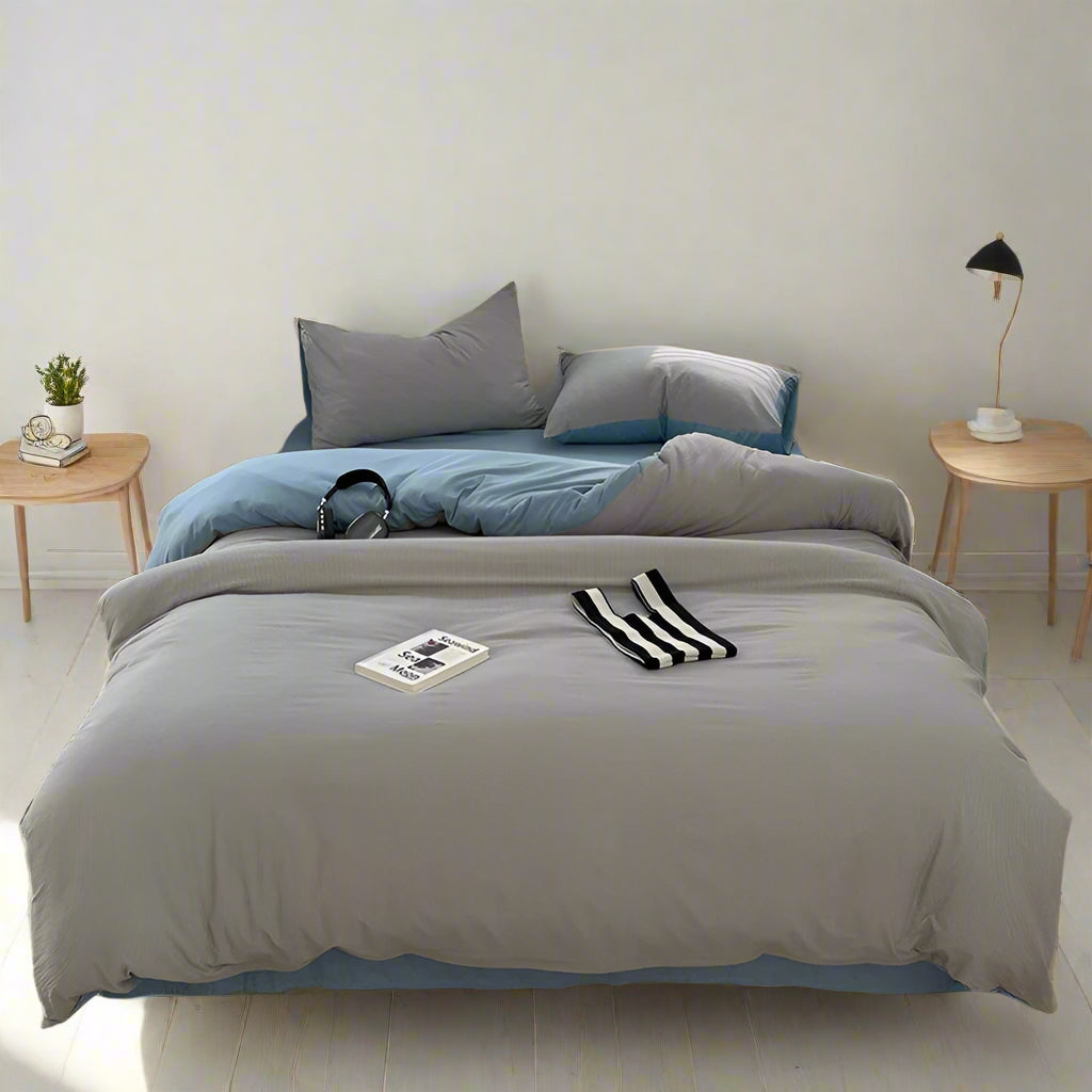 Luxury linen bedding Seersucker 3-Piece Duvet Cover Set – Microfiber - Gray