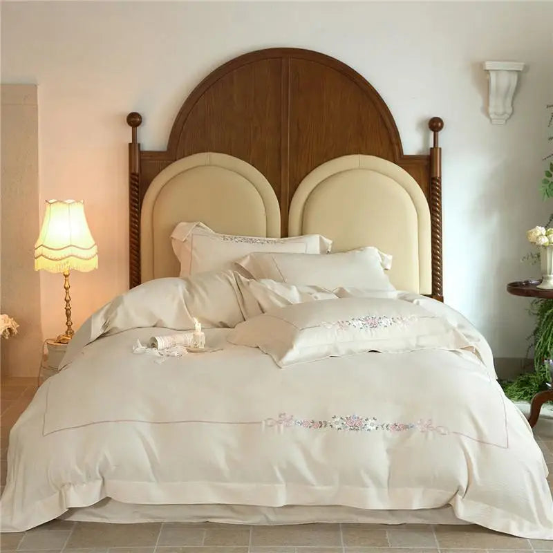 Minimal white 600TC Natural Linen Cotton Blend Luxury Soft Embroidery Bedding Set