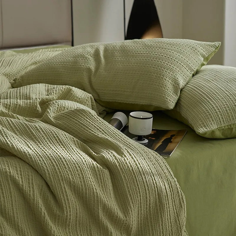 Mint 600TC Washed Cotton Waffle Weave Bedding Set includes flat and fitted sheets, duvet cover and pillowcases