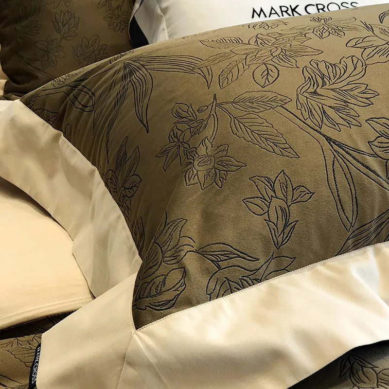 Olive set with beige trim Luxury Ripple cotton Fluffy floral Duvet Cover Bedding Set with pillowcases