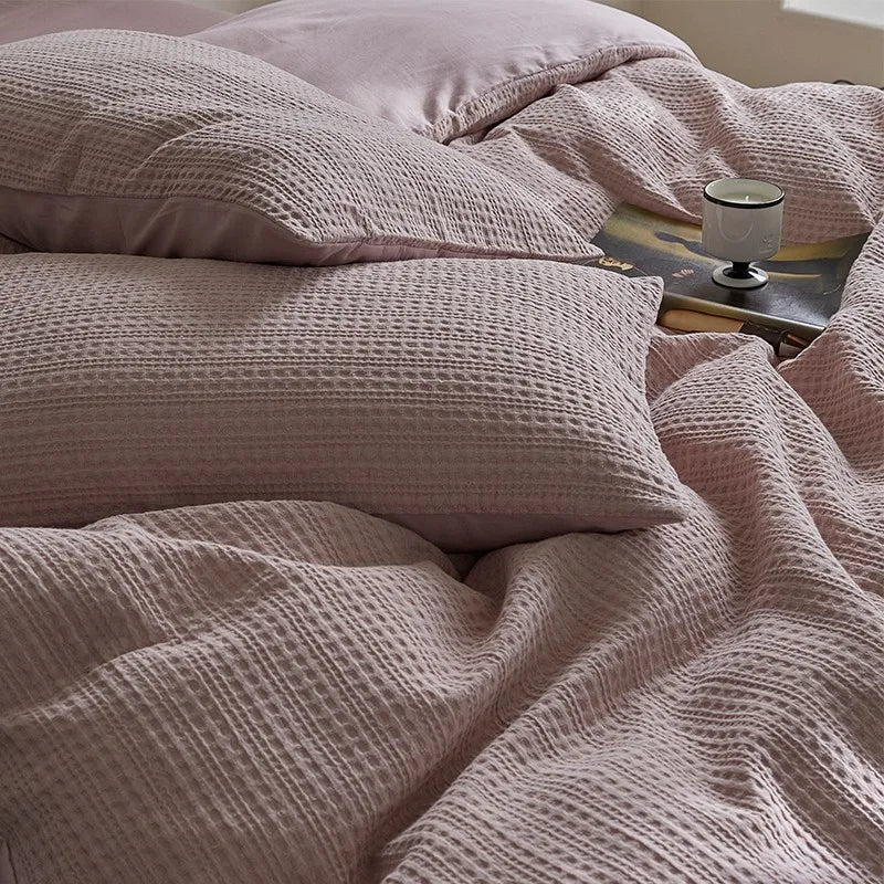 Pink Queen size 600TC Washed Cotton Waffle Weave Duvet Cover Bedding Set includes flat or fitted sheets, duvet cover and pillowcases