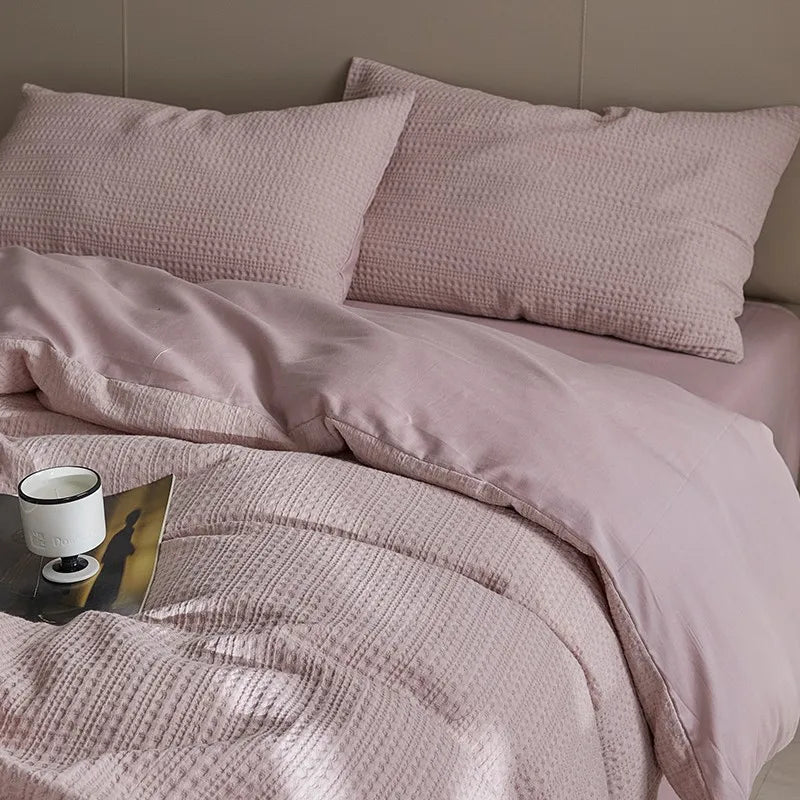 Pink Twin size 600TC Washed Cotton Waffle Weave Duvet Cover Bedding Set
