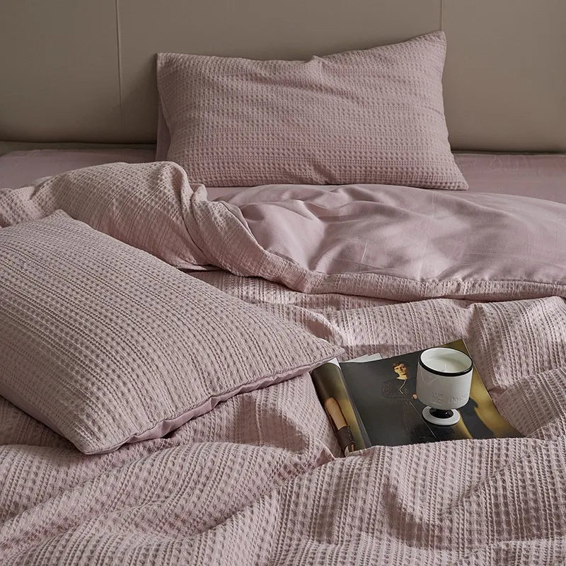 Pink Twin size 600TC Washed Cotton Waffle Weave Duvet Cover Bedding Set includes flat or fitted sheets, duvet cover and pillowcases