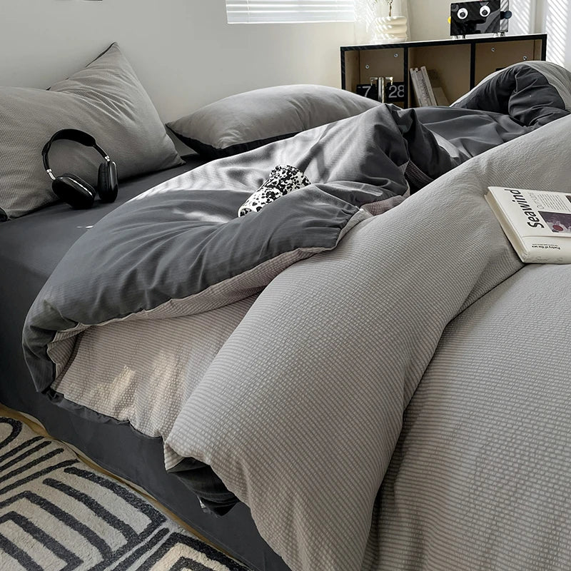 Premium Seersucker 3-Piece Duvet Cover Set  Microfiber - Light Grey