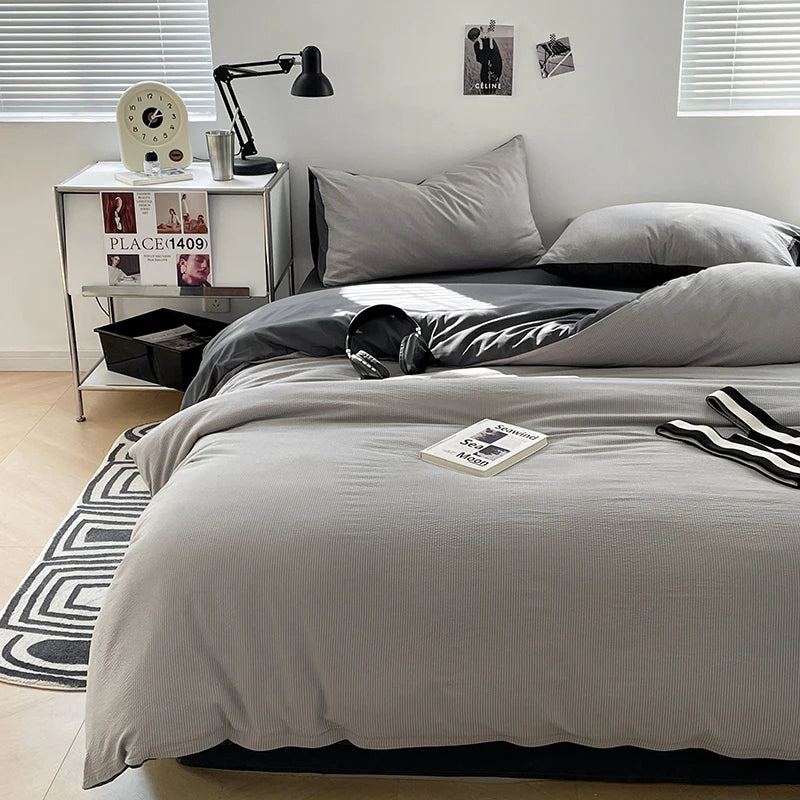 Premium bedding Seersucker 3-Piece Duvet Cover Set  Microfiber - Light Grey