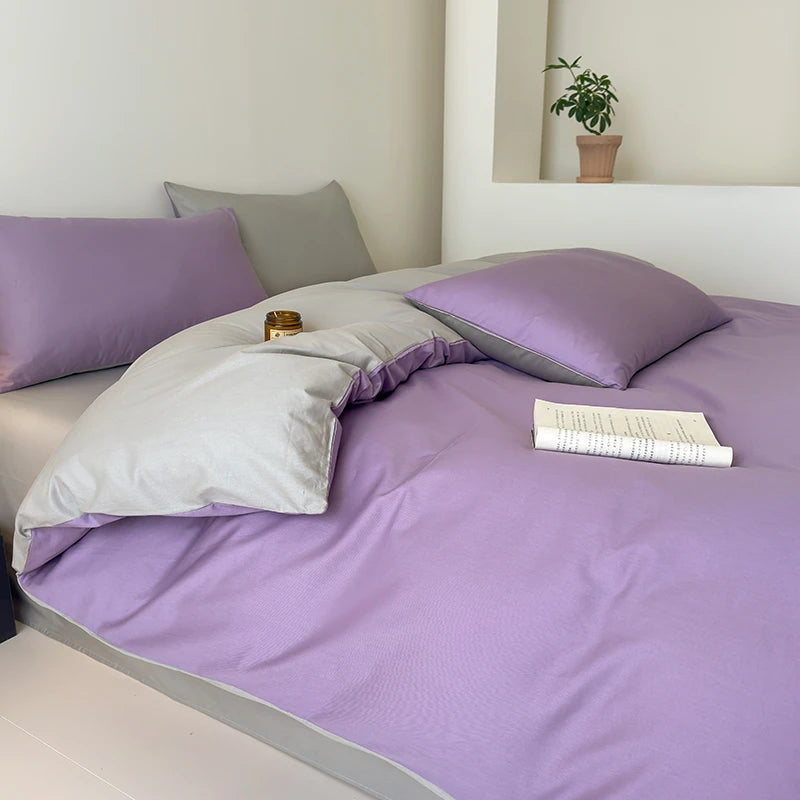 Purple & Gray 100% Cotton Reversible 400TC Bedding Set – Soft Duvet cover, flat and fitted Sheet and pillowcases 
