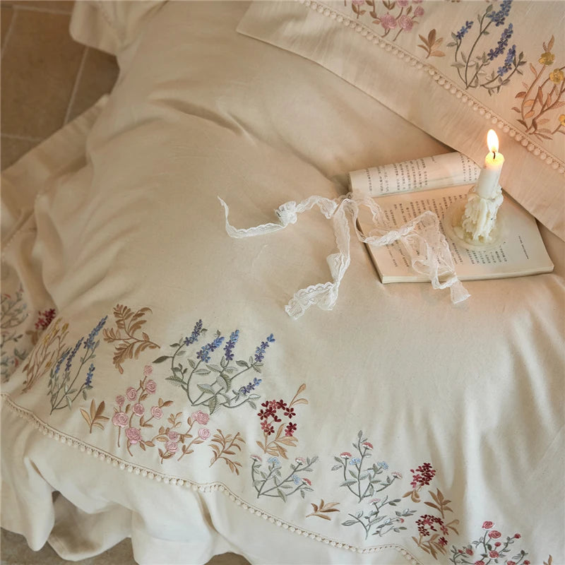 Queen size 600TC Linen Cotton Blend floral  Soft Embroidery Bedding Set