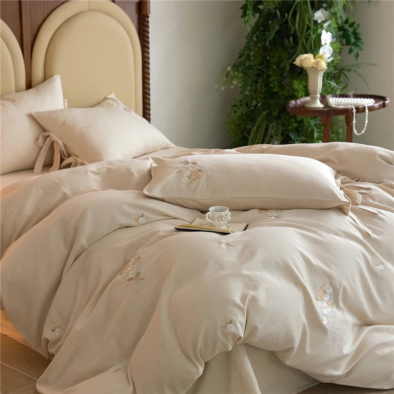 Queen size 600TC Natural Linen Cotton Blend Luxury Embroidery White Bedding Set