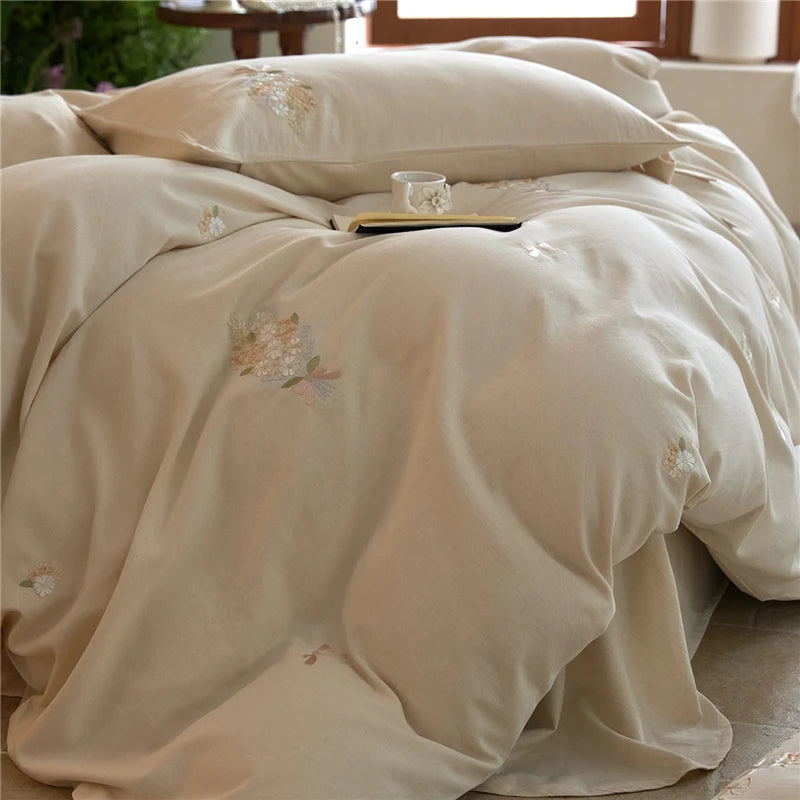 Queen size 600TC Natural Linen Cotton Blend Luxury Embroidery White Bedding Set includes flat or fitted sheet, duvet cover and pillowcases