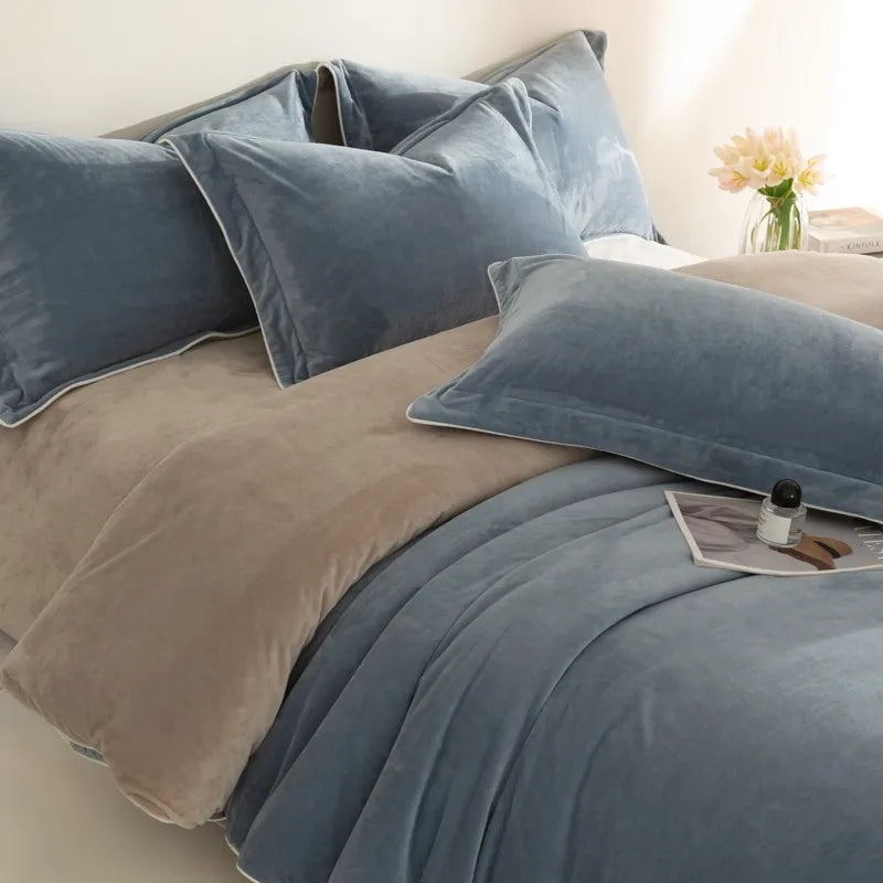 Queen size Blue and gray 500TC Reversible Fluffy Microfiber Duvet Cover Set with Sheets and Pillowcases