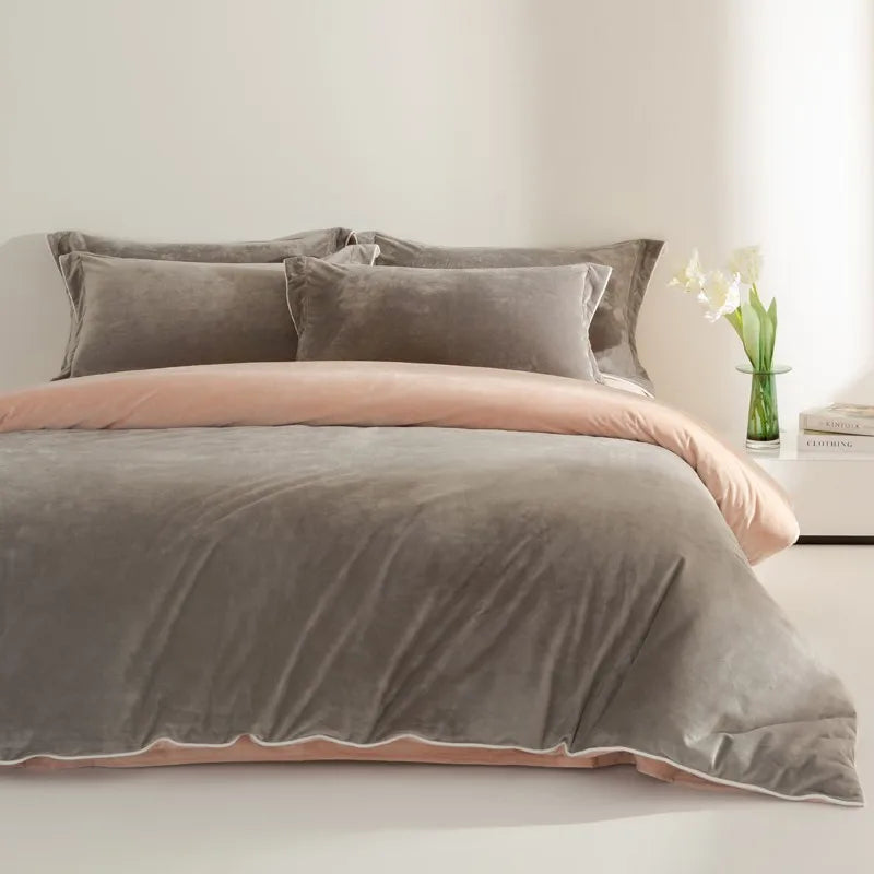 Queen size Gray and pink 500TC Reversible Fluffy Microfiber velvet textured Duvet Cover Set with Sheets and Pillowcases