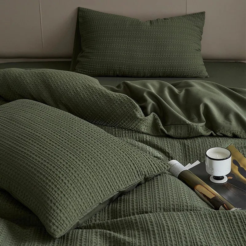 Queen size Grey 600TC Washed Cotton Waffle Weave Duvet Cover Bedding Set