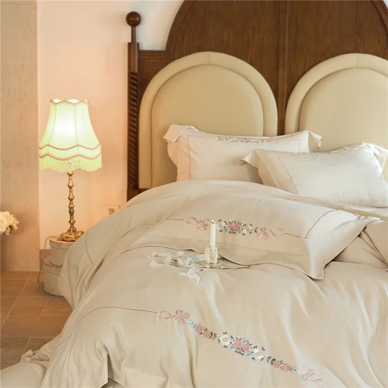 Queen size Minimal white 600TC Natural Linen Cotton Blend Luxury Soft Embroidery Bedding Set